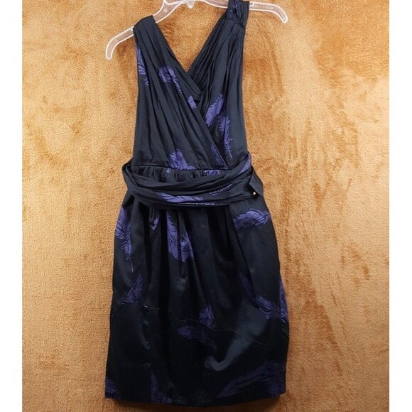 MARC JACOBS Dress Womens Size 8 Black Purple Feather Cross Strap Wrap Around - Picture 2 of 6